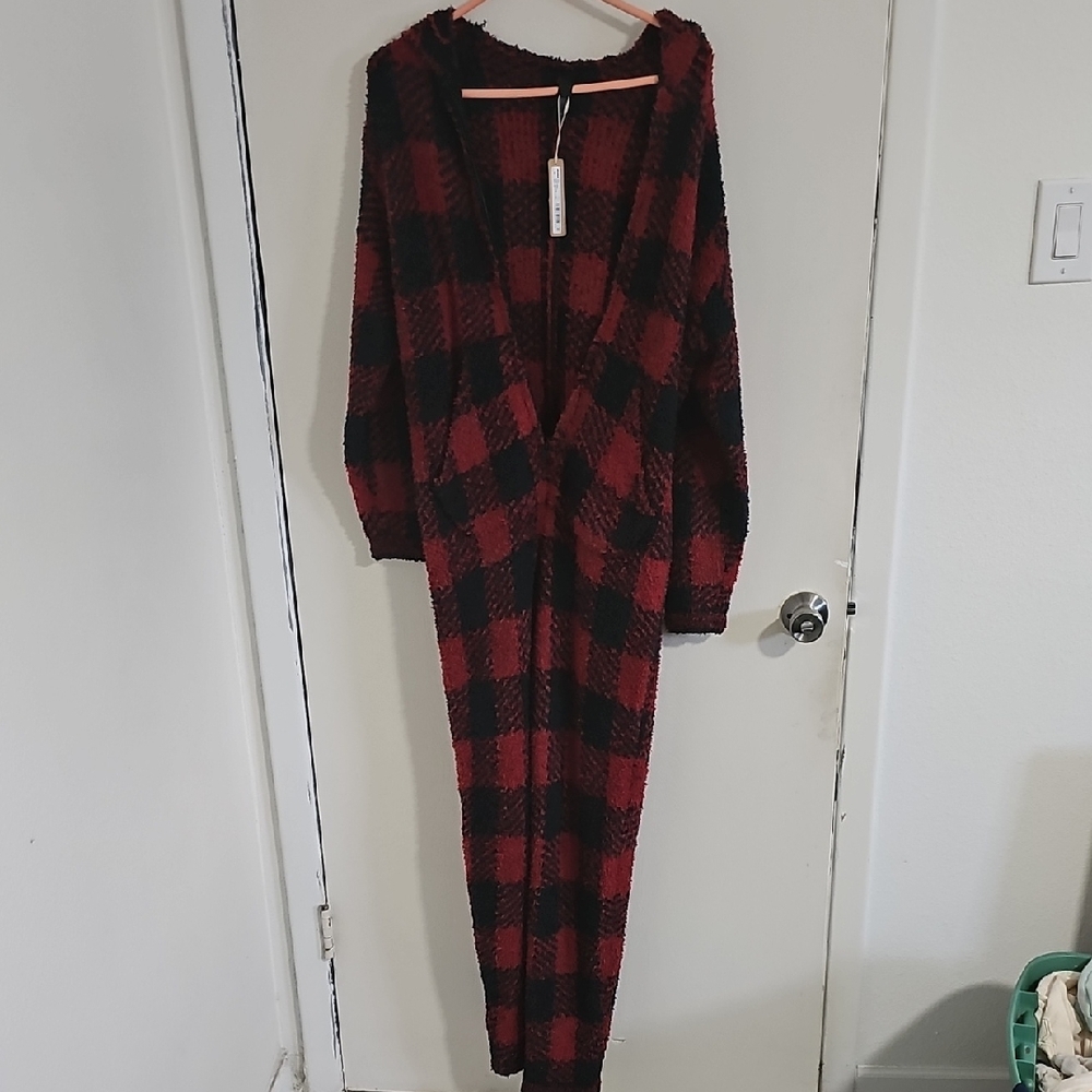SKIMS Red and Black Buffalo Check Onesie
